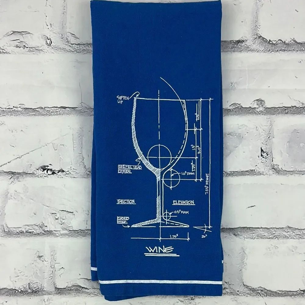 Blue Wine Glass Diagram Blueprint Tea Towel